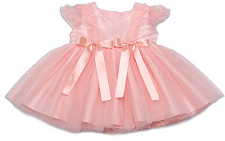Happy Cherry Été Robe Bébé Cérémonie Rose Corail Manches Courtes Petite Fille Robe Anniversaire Princesse Mariage Demoiselle d'honneur avec Bownot 3-6 Mois