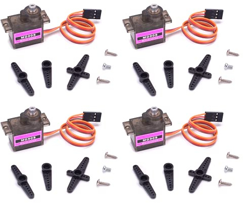 VUNIVERSUM Lot de 4 mini servomoteurs MG90S - 100 % métal - Avec fiche JR - 25 cm - Câble 22 AWG - Pour drone RC Copter DIY