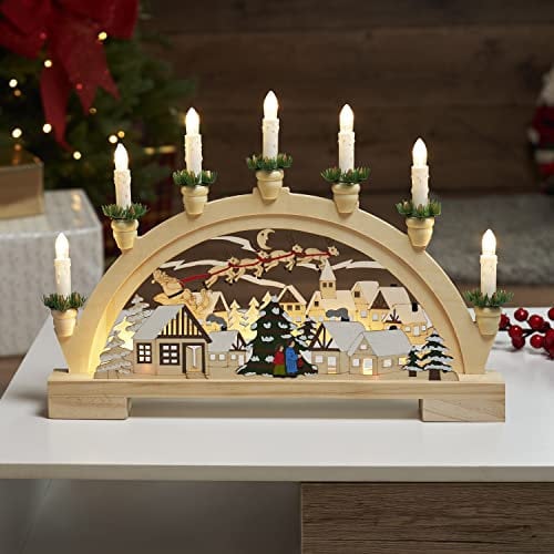 GloBrite Wooden Candle Bridge Decoration with 7 Warm White LED Candles - Indoor Christmas Window Decor, Battery Operated - 45cm x 32cm x 5cm, Multicolour