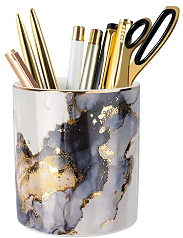 WAVEYU Marmor-Stiftehalter, langlebiger Keramik-Schreibtisch-Organizer, Bürobedarf, Schreibtisch-Organizer, multifunktionale Bleistiftaufbewahrung für Schreibtischzubehör, Büro, Grau,Gold