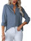 Homlan - Camicia da Donna con Scollo a V, a Maniche Lunghe, Elegante e Casual, con Bottoni, in Tinta Unita e con Tasca sul Petto, Blu/Grigio, M