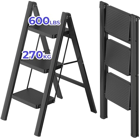 JOISCOPE Trittleiter 3 Stufen Klappbar, Leiter, Trittleiter, aus Stahl, rutschfeste Gummimatten, Verbreiterte rutschfeste Stufe, bis 270KG Belastbar, Stufenleiter für Haushalt, Büro, Schwarz