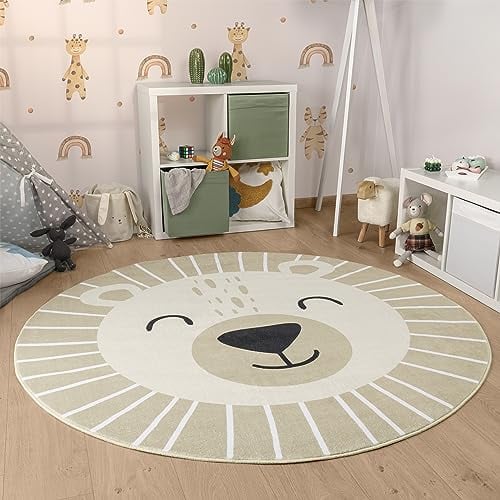 Paco Home Kinderteppich Teppich Kinderzimmer Rund Spielmatte Babymatte Waschbar Bis 30 Grad Löwenkopf Bärenkopf Moderne Deko, Grösse:160 cm Rund, Farbe:Beige