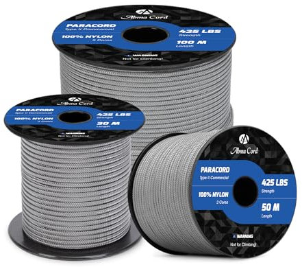 Abma Cord Paracord 3mm 50M 100% Nylon Seil Paracord 425 Typ II Schnur mit 3 Kern für Basteln, Camping, Survival - Max. 192kg (425lbs) - Grau