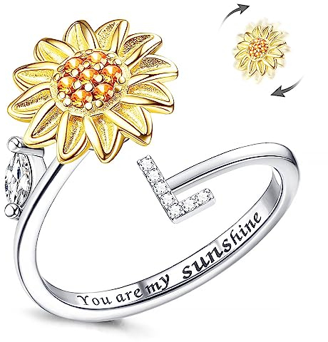 Fidget Ring Für Frauen, Kucheed Sonnenblume, Größenverstellbarer Spinner-Ring, Silber Stapelbar Anti-Stress-Buchstabe Fingerkreis, Graviert 'You Are My Sunshine' Im Inneren Des Schmucks(L)