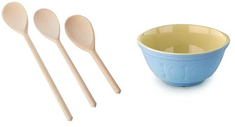 Tala 61A30014 Wooden Spoon Set, Multi-Colour, Regular + Tala Traditional Stoneware Mixing Bowl