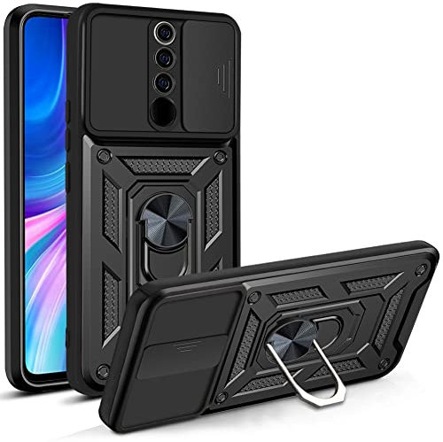 HAOYE Funda para Xiaomi Redmi Note 8 Pro, Shockproof Carcasa con Giratorio Anillo Kickstand y Cubierta Deslizante de la Cámara, PC y TPU Case Cover. Negro