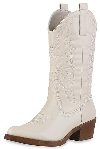 VAN HILL Damen Cowboystiefel Trichterabsatz Stickereien Trendy Schuhe 840208 213245 Beige 37