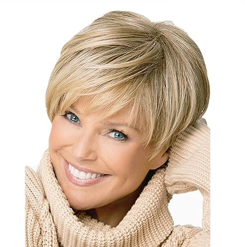 AUBWIG Perruques courtes blondes Pixie Cut avec frange Fluffy Layered Dégradé Couleur mixte Cheveux partiellement raides Perruques synthétiques (Blond clair mixte)