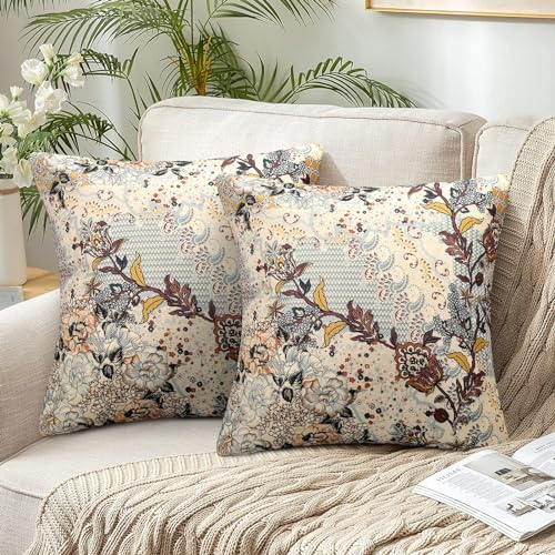 Chicamy 2er Set Boho Kissenbezüge 45x45 Indische Exotische Muster Kissenhülle Doppelseitig Khaki Coffee Square Kissenbezüge Retro Leinenoptik Sofakissen Dekorative für Sofa Schlafzimmer Wohnzimmer