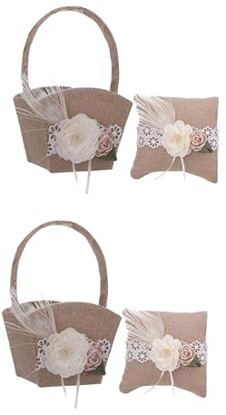 HOMSFOU 2 Sätze Ringkissen Blumenkorb-set Geschenkkorb Zur Hochzeit Korb Für Ringträger Hochzeitskissenträger Schmuck Kissen Hochzeitskorb Aus Jute Hochzeitsbedarf Armband Leinen