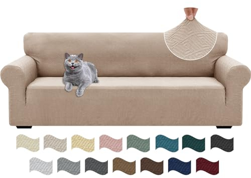 Ystyle Stretch Sofa Überzug 4 Sitzer, Sofabezug rutschfest Mit Armlehne, Elastische Couch Überzug Jacquard, Universal Sofa Cover Moderne, Sofaschoner Hund Katze Für Wohnzimmer, Khaki