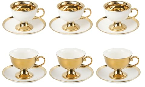 CAPIJIONG Ensemble de tasses à café et assiettes en céramique dorée de style européen pour le bureau à domicile - 3 tasses dorées et 3 blanches - 90 ml (6 tasses et 6 assiettes)