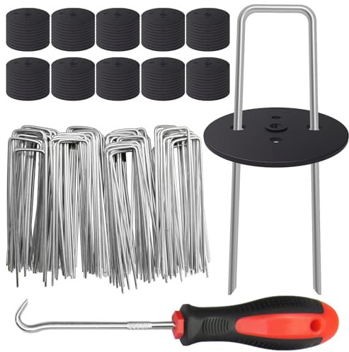 EUOKOK 100 Weed Control Membrane Pegs + 100 Buffer Washer, 6 Inch 11 Gauge Galvanized U-Shaped Metal Garden Landscape Staples Weed Mat Yard Ground Pins for Securing Weed Barrier Fabric,Artificial Turf