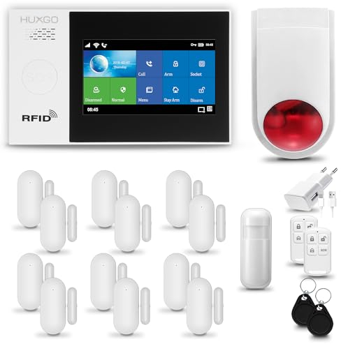 HUXGO® HXA007 Funk Alarmanlage Set WiFi + GSM 4G mit Solar Alarmsirene | Alarm System mit Bewegungsmelder, 12x Fensteralarm/Türsensoren | Alarmanlage fürs Haus, Wohnung, Wohnmobil | Smart Home