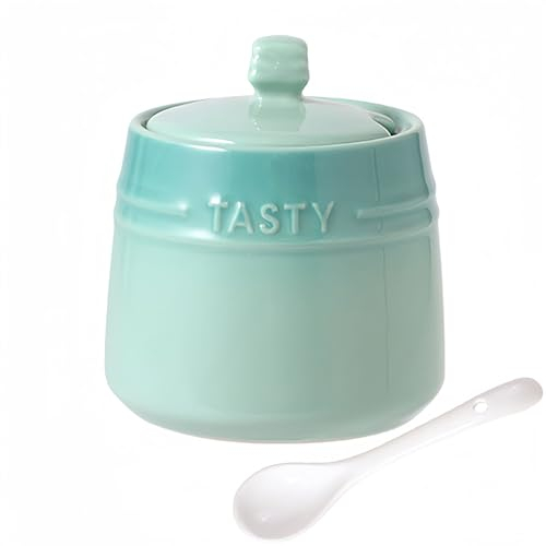 Dowbom Salt Pot, Solid Color Porcelain Sugar Pot, For Coffee Bar, Sugar Bowl With Lid And Spoon (Green,10 OZ), DB-TG-011