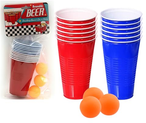 ZOPPER Plastic Beer Glasses Drinking Cups Reusable Red & Blue for Parties All Types of Events - Sturdy and Waterproof With 3 Ping Balls 12 Cups - Drinking Beer Pong Game