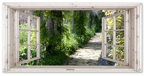 MuchoWow© Gartenposter Groß XXL Outdoor Bilder Gartendeko für draußen | 160x80 cm - Wetterfest Garten Zaun Deko Banner Bild Gartenzaun Glyzinie - Blumen - Fensterblick - Baum - Frühling