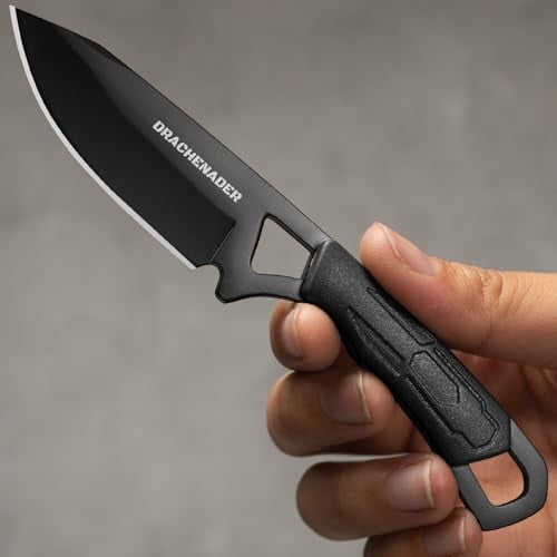 DRACHENADER Coltello da collo 42a compatibile piccolo, coltello a due mani, coltello EDC, codolo pieno, lunghezza lama 6,9 cm con fodero in ABS, lama nera + manico nero
