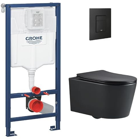 WC Suspendu Pack Complet Accessoires - Pack WC Grohe Bâti-support Grohe Rapid SL, WC SAT sans bride noir mat, Abattant softclose, Plaque noire mat, Abattant WC,Cuvette Toilette, Chasse d'eau Wc