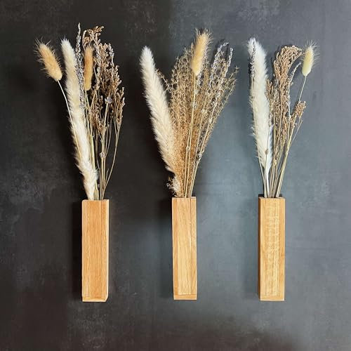 Moderne Wandvasen für Trockenblumen aus Eichenholz (3 Stück)| Blumenvasen zur Wanddekoration | Wandblumen | Rustikale Blumenvase für die Wand