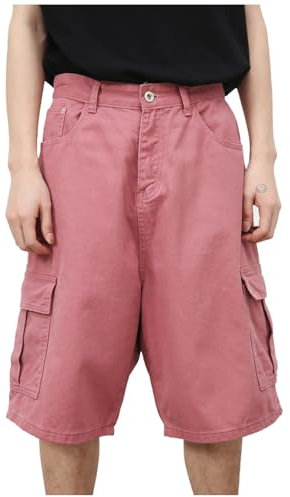 Short en jean pour homme - Couleur unie - Léger - Avec plusieurs poches - Bermuda d'été classique - Short en denim classique - Streetwear - Short de loisirs simple en denim, Rose, M