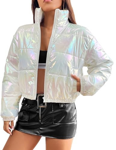 Veste d'hiver en coton avec fermeture éclair et poche courte pour femme - Col montant ample - Coupe-vent, doré, XXL