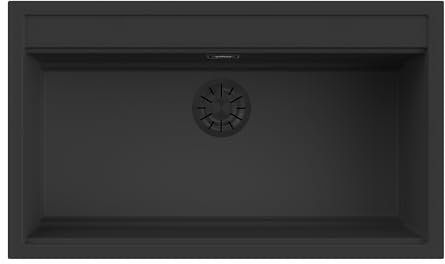 EVHOC Lavello Sopratop DESIDERATA L, 1 Vasca, Lavandino in Kuarzite Vasca Unica per Cucina, Piletta Nera, Fasci Miscelatore Preforata, Made in Italy, Nero, 86x51 cm