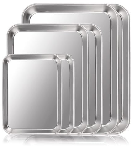 AHAQU Baking Tray Set of 6, Large Stainless Steel Oven Tray, Rectangle Baking Sheet, Cookie Sheet Pan for Baking Cooking Roasting, Mirror Polished & Dishwasher Safe (3 Sizes)