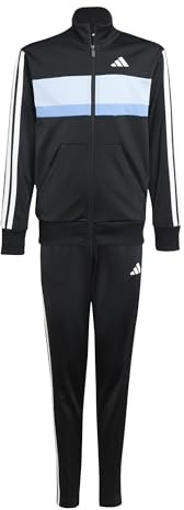 adidas Unisex Kinder SEASONAL ESSENTIALS TIBERIO 3 STRIPES TRICOT TRACKSUIT, black/glow blue/blue fusion/white, 7-8 Years