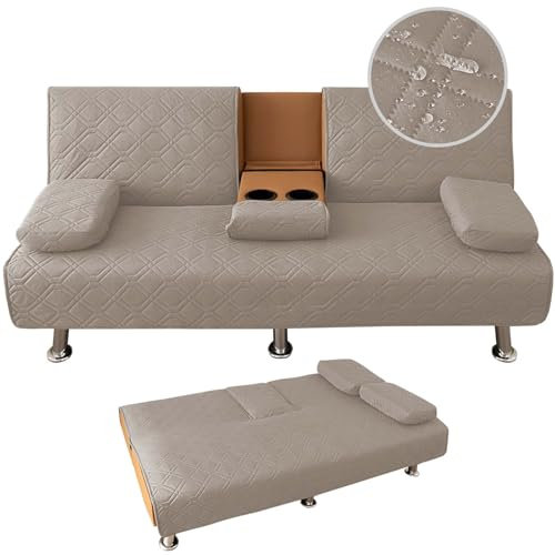 SYLC Wasserdichter 3er Sofa Bettbezug Mit Schlaffunktion, überwürfe Für Klappbares Schlafsofa Ausziehbar Mit 2 Abnehmbaren Armlehnen Und 1 Tassenhalter 168x81x74cm (Taupe,2 Sets)
