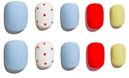 Sun&Beam Nails Handmade Press-on Short Squoval Round Blue Red White Yellow Dot Minimalist Design Fashion False Nail Tips 10 Pcs Set (#177 M)