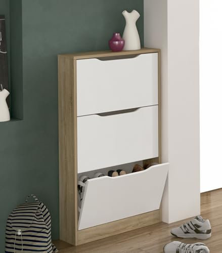 M1C - Zapatero recibidor Champion, Mueble Auxiliar de Entrada con Tres Puertas abatibles, Estructura Color Cambria y Puertas en Blanco