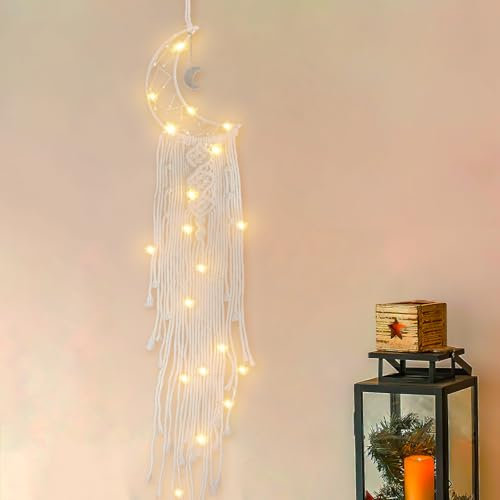 Makramee Wandbehang Traumfänger mit LED, ausgehöhlter gewebter Wandbehang, Makramee Traumfänger Set, Bohemian-Stil, Traumfänger, Für Zuhause, Wohnzimmer, Schlafzimmer, Büro (A)