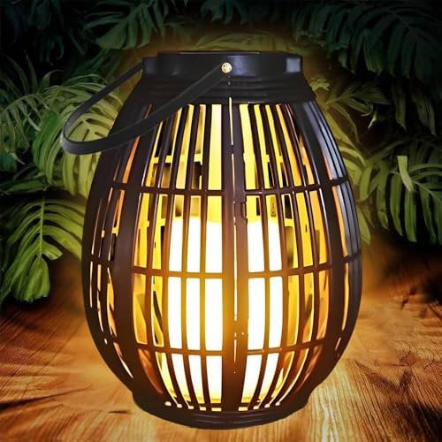 Joycome Solarlaterne für Außen, Solarlampen Garten mit Flammeneffekte Kerze, Hängend Solar Rattan Laternen IP44 Wasserdicht Solar Tischlampe Outdoor, Solarleuchten für Terrasse Balkon Pavillon Deko