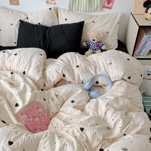 Covebett Bettwäsche 135x200 Beige Schwarz Herzen Microfaser Bettwäsche Set 2teilig Aesthetic Elegant Herz Punkte Gepunktet Mädchen Bettbezug und 1 Kissenbezug 80x80 cm mit Reißverschluss