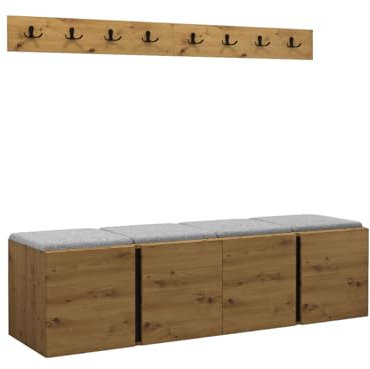Mirjan24 Garderoben-Set Monati VII, 2X Schuhschrank + 2X Kleiderhakenbrett und Gepolstertes Paneel/Wandpaneel, 8 Doppelhaken, Flurgarderobe, Wandgarderobe (Eiche Artisan/Schwarz, Abriamo 06)