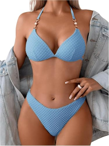 Generisch Bikini Damen Set Mit Ketten Neckholder Bikini Set Triangel Bikini Sexy Zweiteiliger Badeanzug Mit Perlen Bademode Shell-Badeanzüge