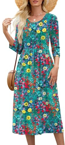 Heymoments Women's Casual 3/4 Sleeve Midi Dress Crewneck A Line Tiered Flowy Loose Travel Long Dresses with Pockets, A38-oil Paint Petals, XL