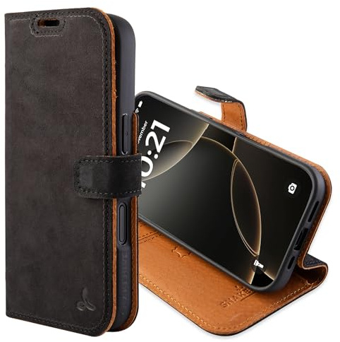 Snakehive Leather Wallet Case for iPhone 17 (Black) | Genuine Leather Flip Cover with Card Slots & Stand