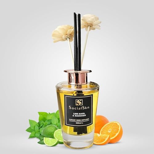 SocialSkn Reed Diffuser | 200ml | Lime Basil & Mandarin | Reed Diffuser for Home | Premium Scented Oil with 8 Reeds & 2 Decorative Flowers | Long Lasting Home Fragrance & Gift | Inspired by J-Malone