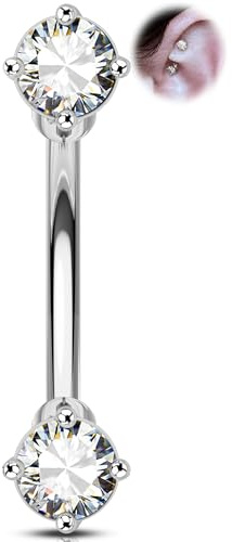 OUFER 16G Gold Curved Barbell 316L Chirurgenstahl, Augenbrauen-Barbell, Rook Piercing Schmuck mit 2 funkelnden Zirkonia-Steinen, Siber Helix Tragus Conch Lobe Labret Ohrring 6/8 mm