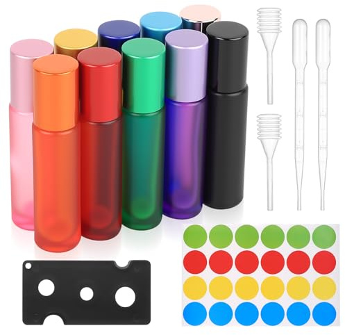10 Pcs Flacon Roll On Vide, 10ml Flacons Roll-on Vides pour Huiles Essentielles, Petite Bouteille en Verre pour huiles, parfums, cosmétiques, aromathérapie, avec ouvre-bouteille/étiquettes, etc.