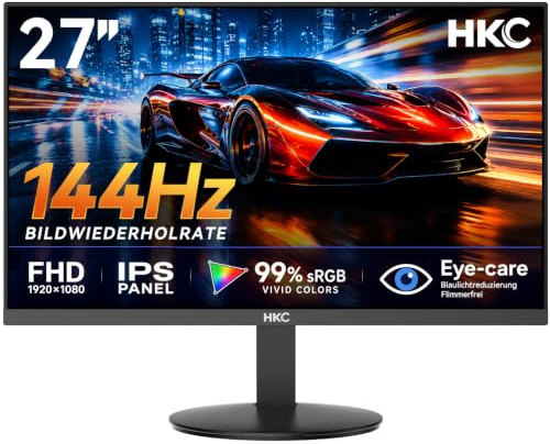 HKC Monitor Gaming 27 Pollici, IPS FHD 144Hz, 5ms GTG, Eye Care | 1080P Monitor, Adaptive Sync, 99% sRGB, Low Blue Light, 178° Viewing Angle, HDMI 1.4, VGA, VESA 100 × 100, V2718S