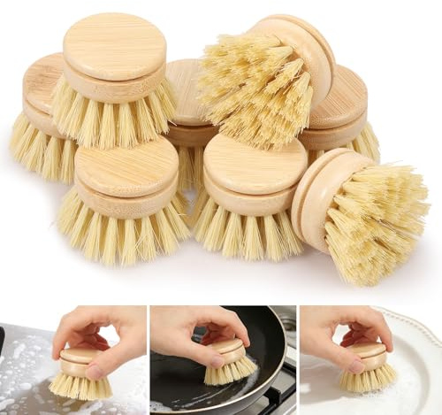 Kuanght 8PCS Wooden Washing Brush, Kitchen Replacement Brush Heads for Cleaning, Sisal Bristle Refills, Wooden Dish Brushes for Cast Iron Skillets, Stainless Steel Pots, Plates, Sinks and Vegetables