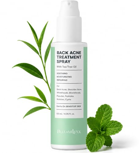 BellamiLuxx Rücken- & Körper Akne Spray – Aknespray mit 2% Salicylsäure & Teebaumöl, für unreine Haut an Rücken, Brust & Schultern – sanfte tägliche Pflege für Männer, Frauen & Jugendliche