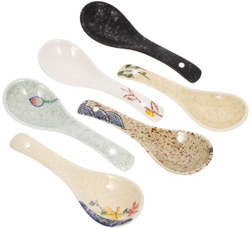 LALADEFIEE 6 Stück Retro Keramiklöffel Leichte und Dekorative Suppen und Dessertlöffel für Küchen und Kantinen Elegante Japanische Esslöffel