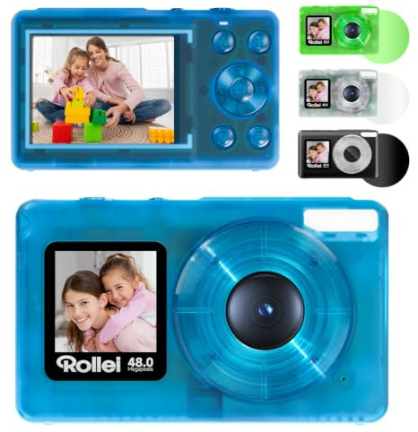Rollei Compactline Pocket Blau Transparent Digitalkamera 48MP 4K | Fotoapparat mit 18X Digitalem Zoom Kompaktes Kamera mit Dual Screen für Vlog Selfie Fotokamera für Kinder Anfänger