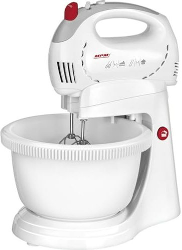 MPM MMR-17Z Batidora Amasadora repostería con bol 2.4 L giratorio, 5 velocidades + turbo, varillas y gancho amasar acero inox, 300W, Blanco