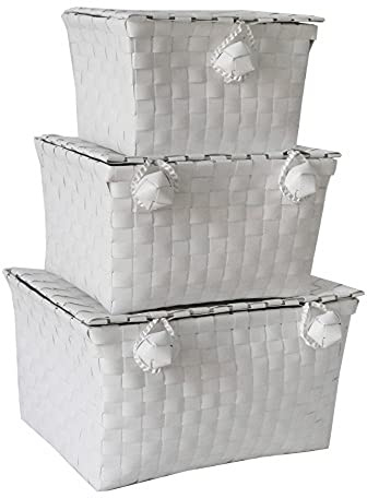 JVL Set of 3 White Plastic Storage tapered hampers with lids